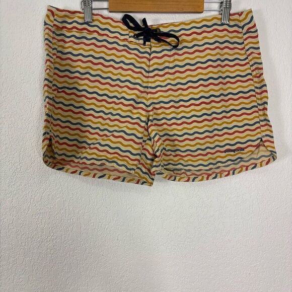Patagonia Tan with Red, Blue, & Yellow Squiggly Line Print Swim Shorts - Picture 1 of 5
